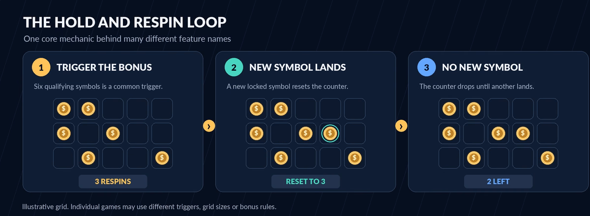 Three illustrated stages of a Hold and Win bonus: trigger with six symbols, reset to three respins when a new symbol lands, and reduce the counter when no new symbols land.